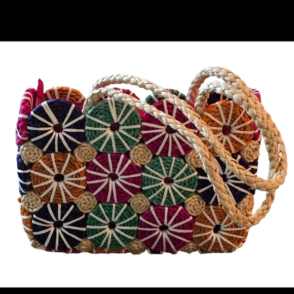 Colorful Patchwork Straw Tote Bag Vibrant Multicolor Summer Vibes - Picture 4 of 11